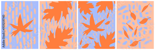 Modern Fall Autumn Vector Postcards Set Background Grunge Pastel Colors with an Urban design orange green purple