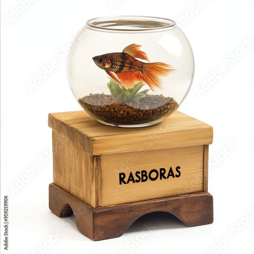 A rasbora fish swims in a round glass bowl with plants, set atop a wooden base labeled 