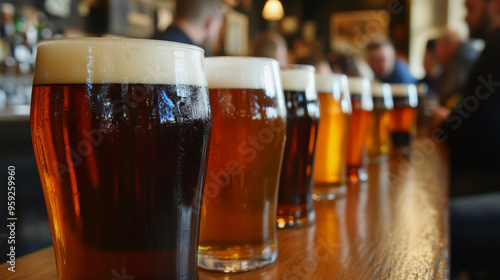 A lineup of different beers in glasses on a wooden bar, symbolizing variety in craft beer options during Oktoberfest celebrations. photo