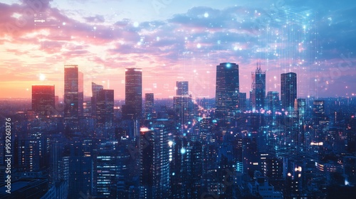 A vibrant city skyline illuminated by a colorful sunset with digital overlays showcasing urban technology and innovation