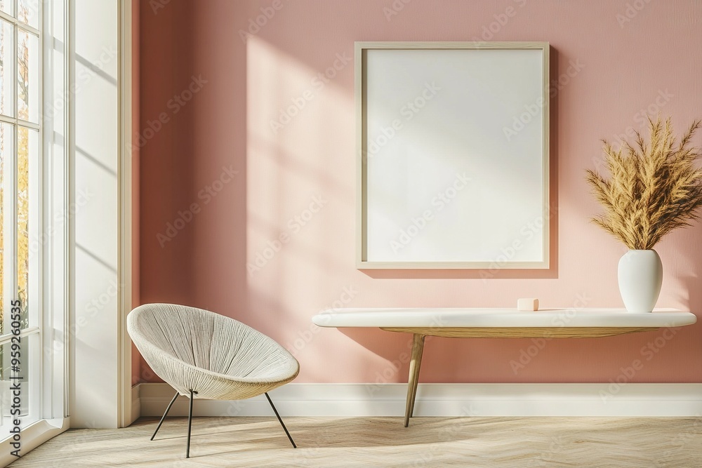 Minimalist Living Room with Blank Frame, Chair, and Vase with Dried Flowers