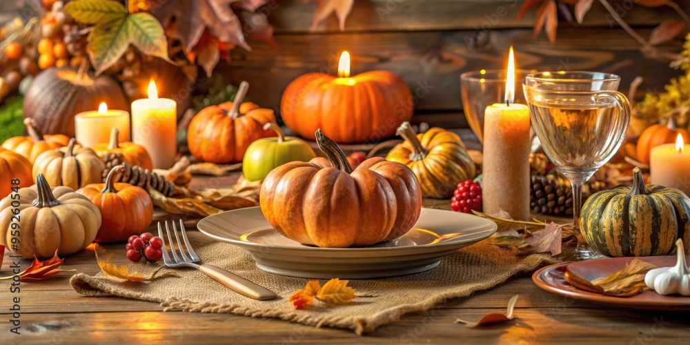 Rustic autumn Thanksgiving table setting with pumpkins, candles, and fall leaves, Thanksgiving, autumn, table setting