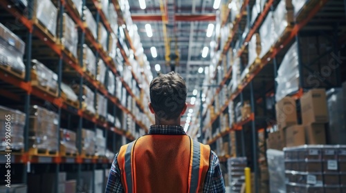 Worker wearing a high-visibility vest navigating extensive warehouse shelves, representing inventory management and logistics efficiency..