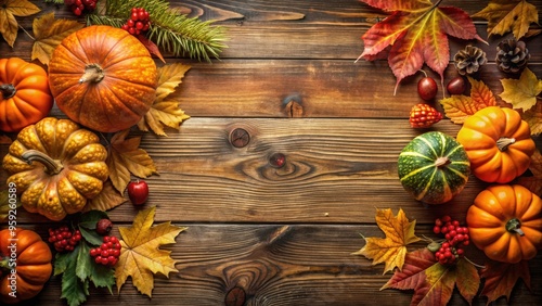 Cozy Thanksgiving background with rustic decorations and autumn leaves, Thanksgiving, fall, holiday, harvest, celebration