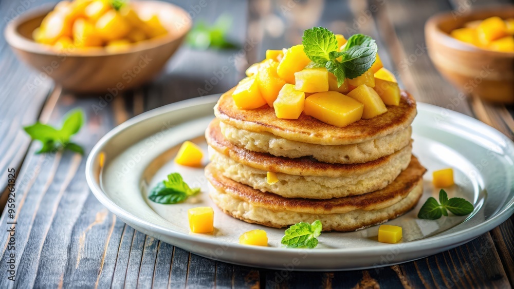 Vegan tofu baked cheese pancakes topped with fresh mango slices , vegan, tofu, baked, cheese, pancakes, mango, fruit Vegan tofu baked cheese pancakes topped with fresh mango slices , vegan, tofu, baked, cheese, pancakes, mango, fruit