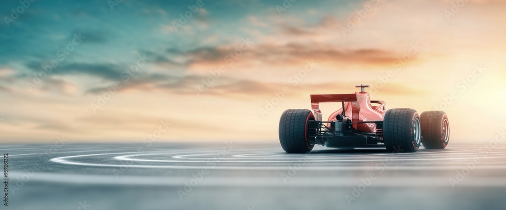 A red race car is on a racetrack with a beautiful sunset in the background A red race car is on a racetrack with a beautiful sunset in the background