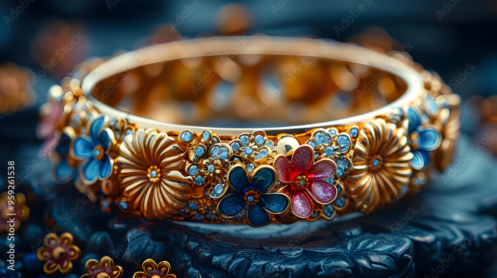 Golden Floral Bangle with Blue and Pink Flowers - Illustration Golden Floral Bangle with Blue and Pink Flowers - Illustration