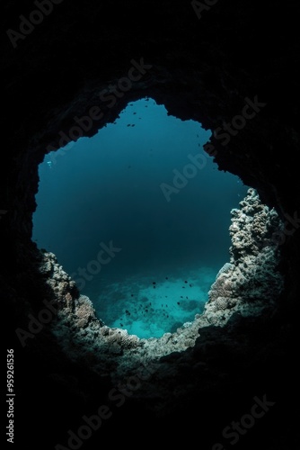 Underwater cave opening to blue ocean with coral reef photo