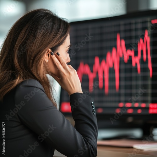 Businesswoman watching a falling interest rate graph with concern, financial market visualization