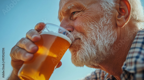 An elderly man enjoying a refreshing pint of beer outdoors on a sunny day, representing the simple pleasures of Oktoberfest.