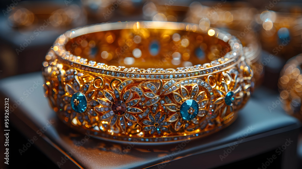 Ornate Gold Bracelet with Blue and Red Gemstones - Closeup Photography Ornate Gold Bracelet with Blue and Red Gemstones - Closeup Photography