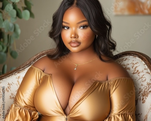 Confident Plus Size Woman Posing in Elegant Gold Dress, Embracing Curves and Beauty, Sensual Photography
