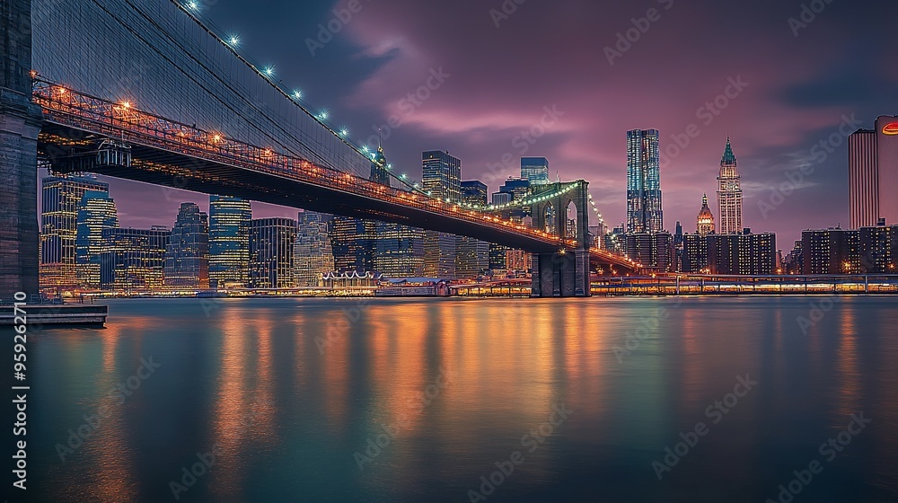 Fototapeta premium Illuminated Brooklyn Bridge with City Skyline and Water Reflections