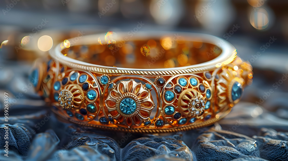 Golden Bracelet with Blue Gemstones - Illustration Golden Bracelet with Blue Gemstones - Illustration