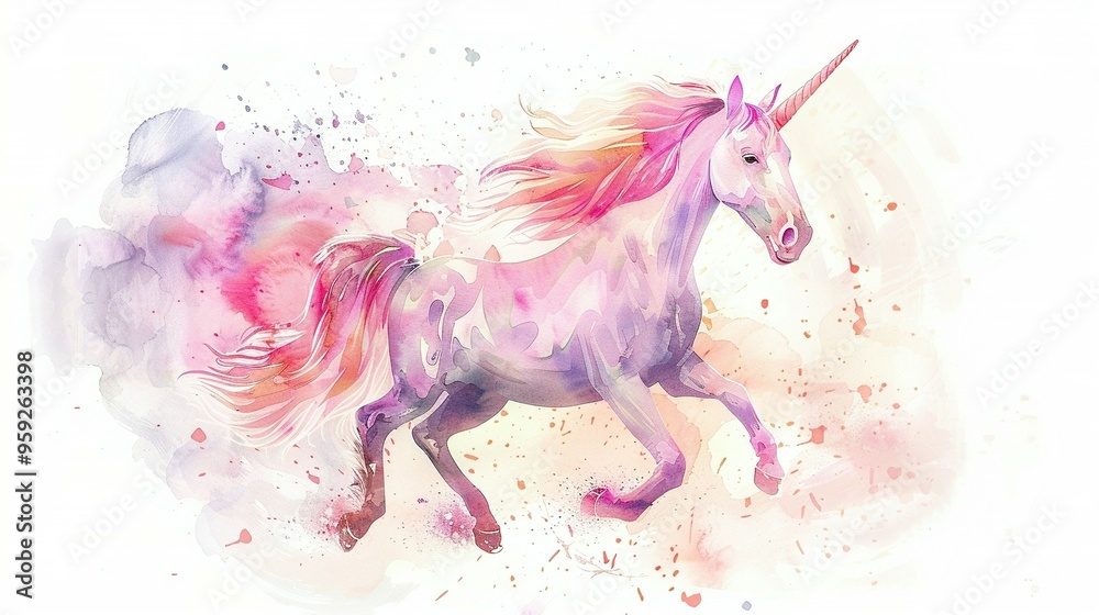 Fototapeta premium Watercolor Painting of a Pink Unicorn Galloping Through a Splashed Background