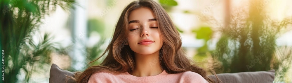 Relaxed Young Woman Enjoying Peaceful Moment in Cozy Atmosphere, Tranquility, Comfort, and Serene Beauty Relaxed Young Woman Enjoying Peaceful Moment in Cozy Atmosphere, Tranquility, Comfort, and Serene Beauty