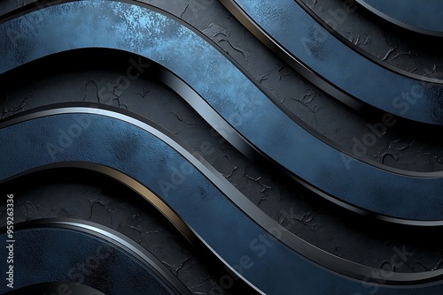 Fototapeta Naklejka Na Ścianę i Meble -  Shiny metal-textured 3D abstract background with curved lines in slate blue and charcoal.