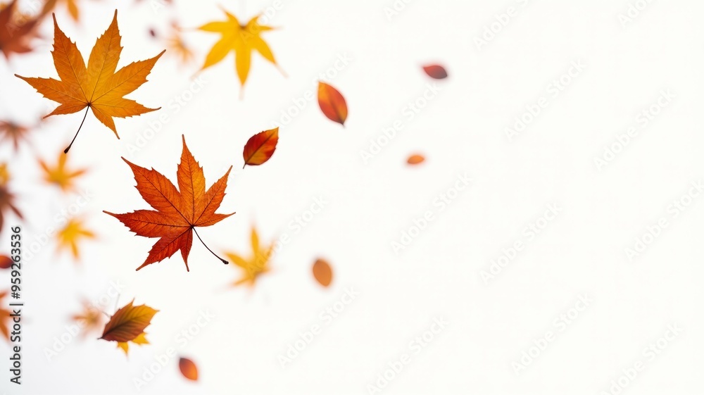 A white background with a lot of orange leaves flying around A white background with a lot of orange leaves flying around