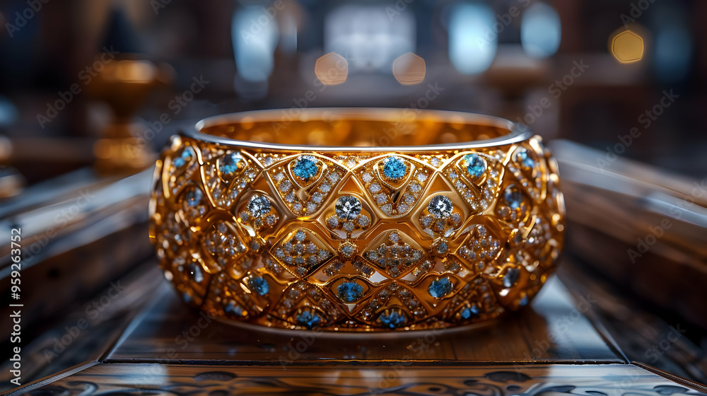 Golden Bracelet with Blue Gems and Diamonds - 3D Illustration Golden Bracelet with Blue Gems and Diamonds - 3D Illustration