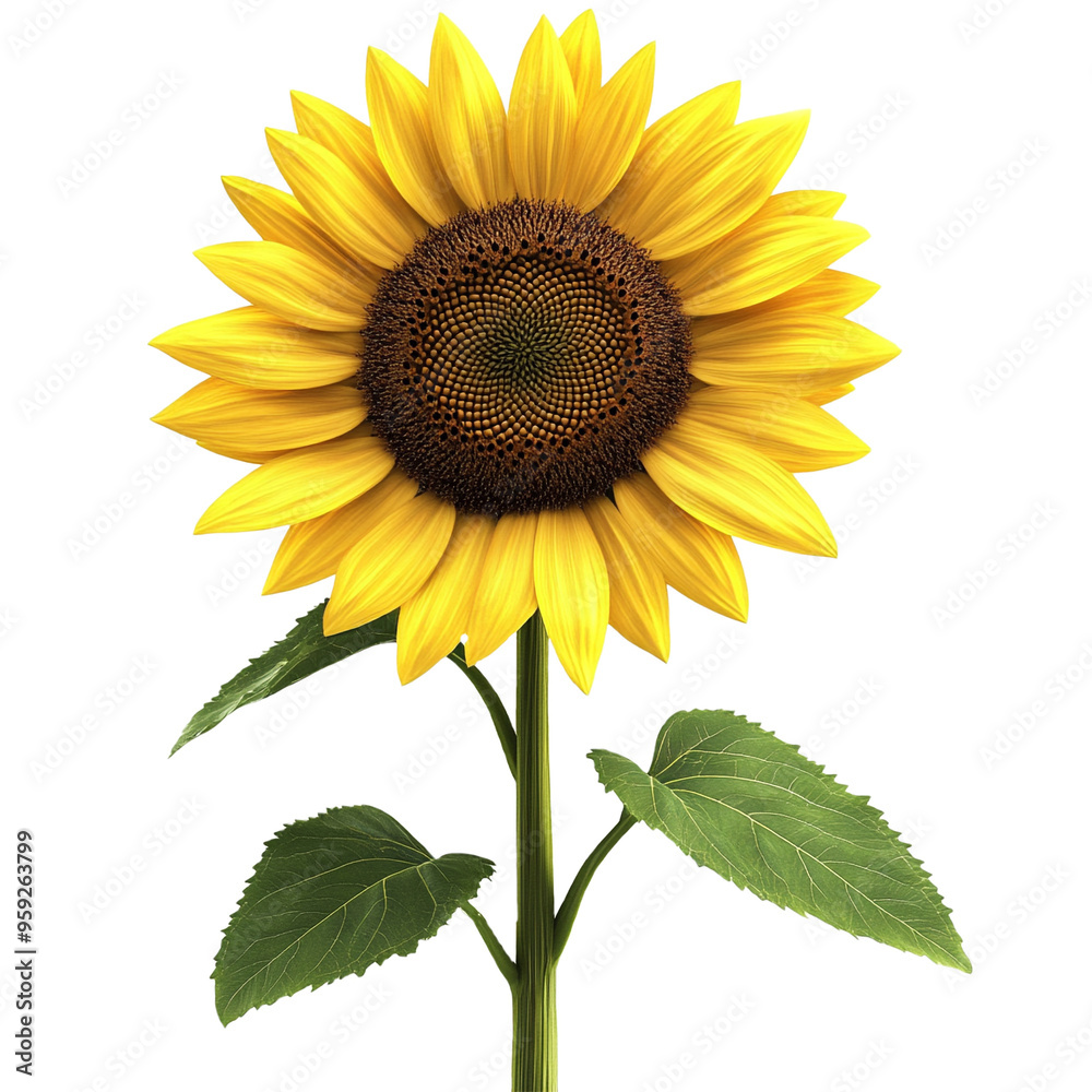 Fototapeta premium A bright yellow sunflower with a detailed face, full depth of field, background isolation