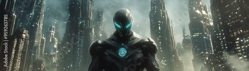 Futuristic warrior clad in armor with glowing mythical motifs, standing tall against a backdrop of a dystopian city photo