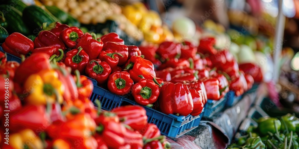 Fototapeta premium Close up photo of vivid red peppers displayed at a busy market stall The ripe colorful peppers are artfully arranged in an array of shapes and sizes showcasing their vibrant beauty