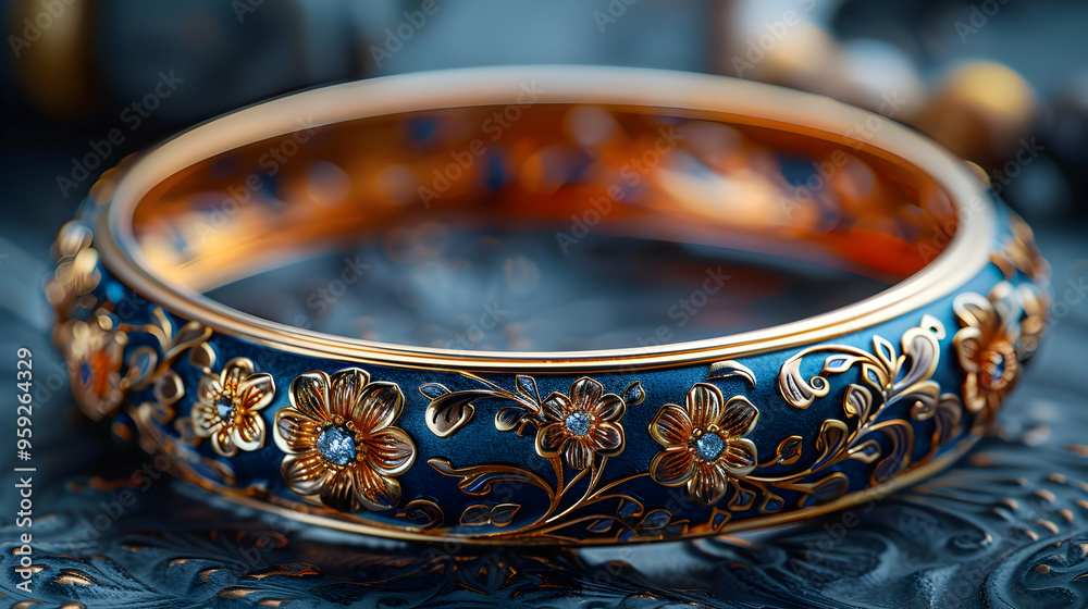 Gold and Blue Floral Bangle Illustration