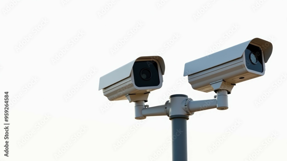 Two security cameras are mounted on a pole Two security cameras are mounted on a pole