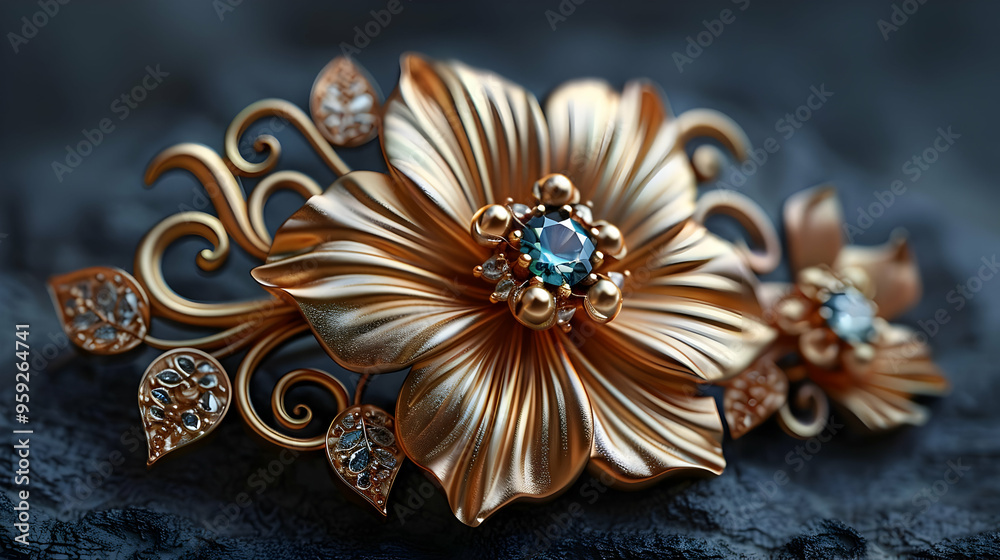 Fototapeta premium Golden Floral Brooch with Blue Gemstone - 3D Illustration