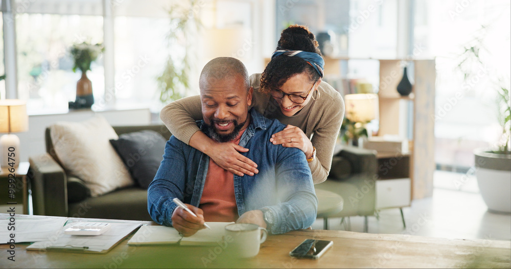 Financial paperwork, hug or happy African couple with planning or household budget in home. Bills, writing or people with form documents for accounting report of investment growth, taxes or salary Financial paperwork, hug or happy African couple with planning or household budget in home. Bills, writing or people with form documents for accounting report of investment growth, taxes or salary