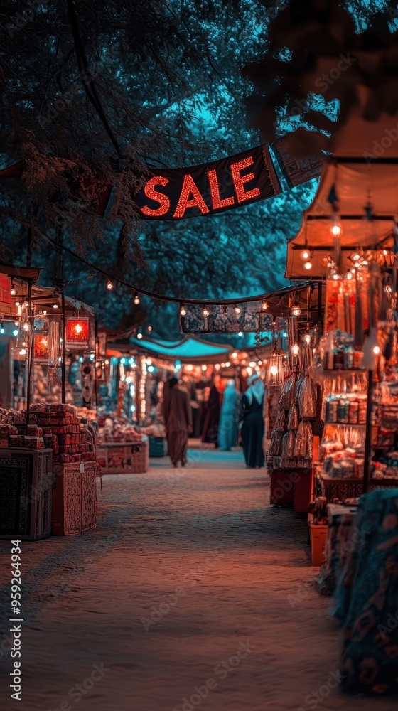 Naklejka premium A lively market buzzes with excitement as shoppers explore beautifully illuminated stalls, enjoying special offers during Ramadan