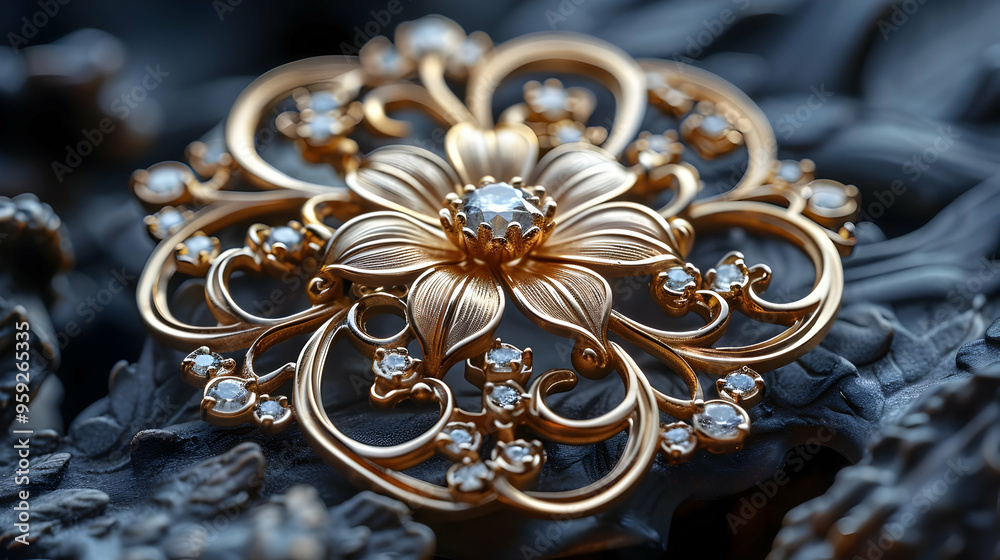Golden Floral Brooch with Diamonds - Illustration Golden Floral Brooch with Diamonds - Illustration
