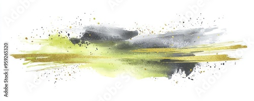 Light grey and lime watercolor strokes on white paper, with golden accents.