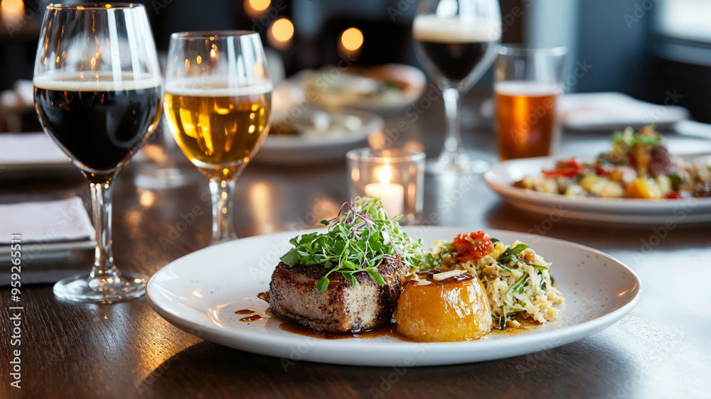 Enjoy a delicious gourmet meal paired with craft beers in a cozy and inviting restaurant setting Enjoy a delicious gourmet meal paired with craft beers in a cozy and inviting restaurant setting