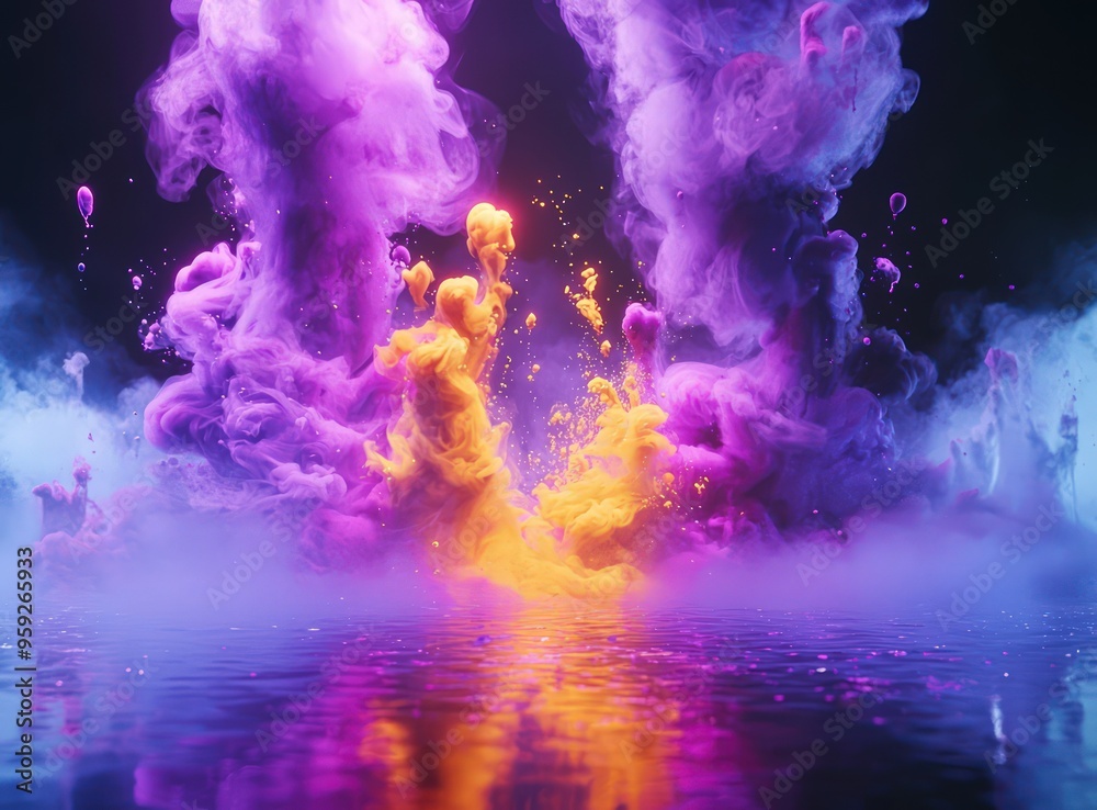 Black canvas with floating ink clouds and purple-yellow smoke creating an abstract visual. Black canvas with floating ink clouds and purple-yellow smoke creating an abstract visual.