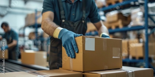 Efficient factory packaging and distribution area with workers meticulously boxing and labeling finished products.Manufacturing process,e-commerce logistics,supply chain digitization,industrial design