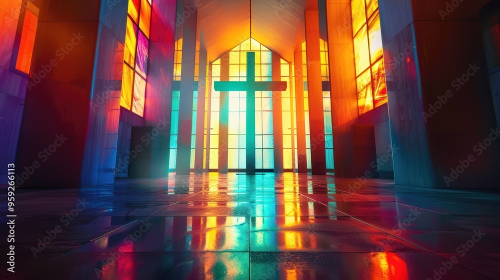 Church interior with abstract Cross. AI generated images Church interior with abstract Cross. AI generated images