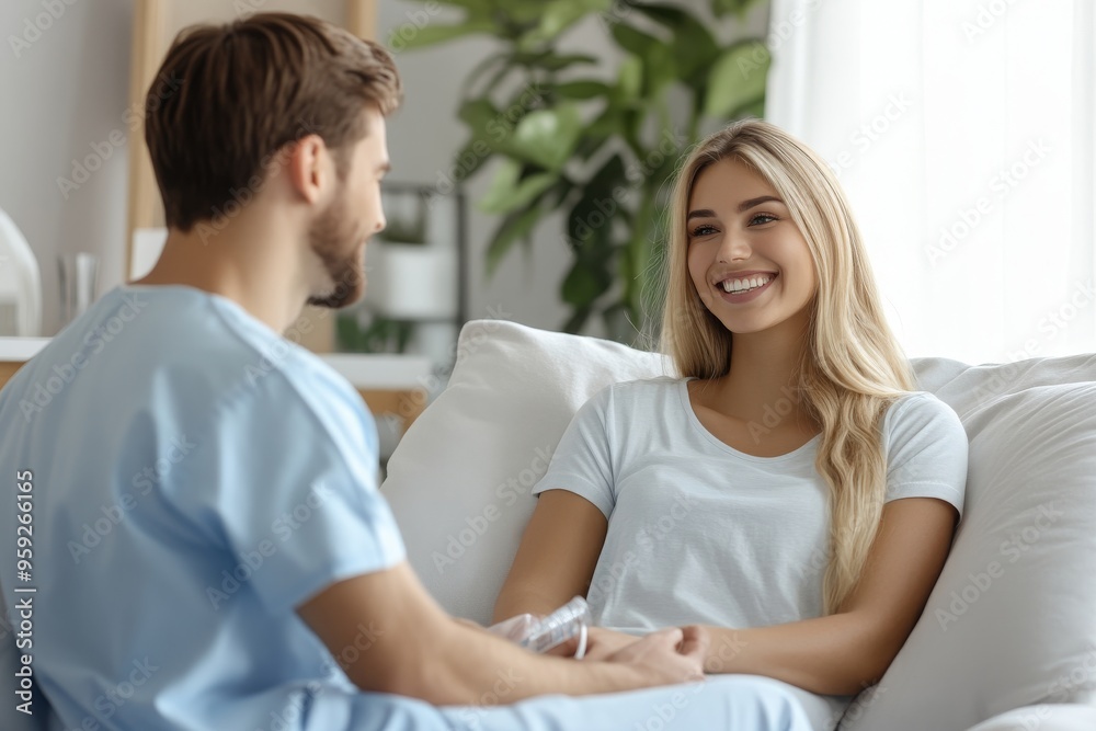 Smiling Woman and Man Talking on a Couch Smiling Woman and Man Talking on a Couch