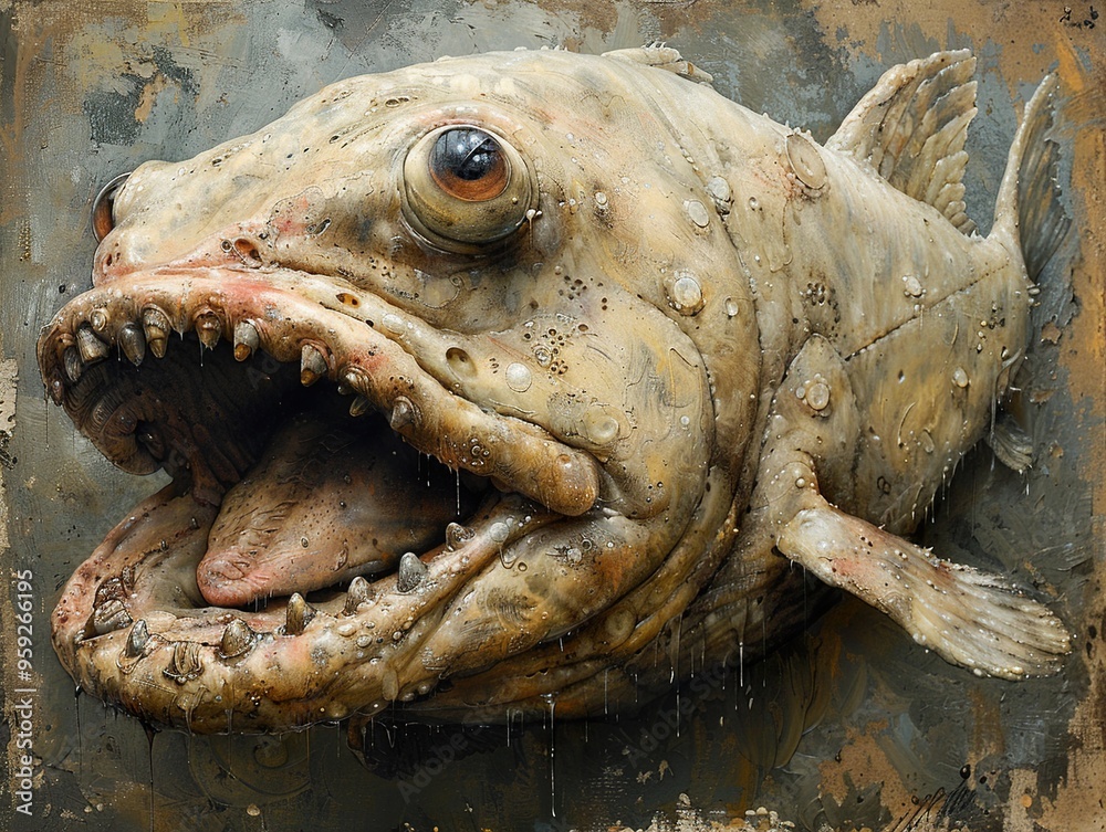 A close-up of a taxidermied fish with its mouth open, showing its sharp teeth.
