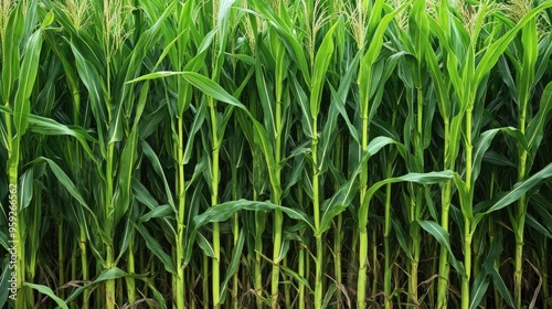 Dense corn stalks fill the frame. This image can be used for articles related to agriculture, food production, or nature.