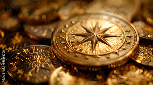 Golden Coins with Star Design - Close-up Photo