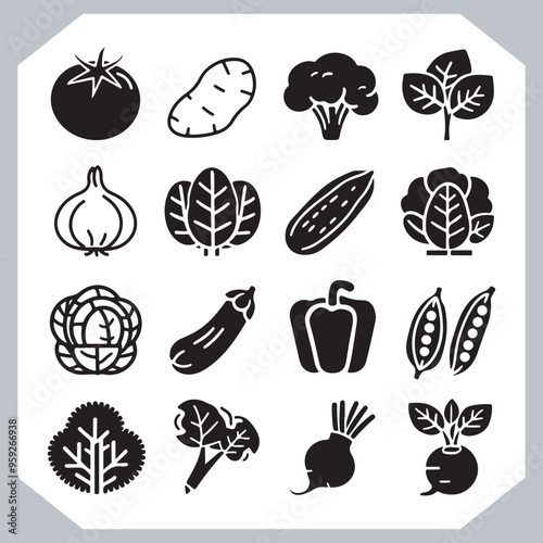 Set of vegetables black silhouette Carrot, potato, tomato, cucumber, onion, garlic, cauliflower, bell pepper, cabbage vector icon in white background.