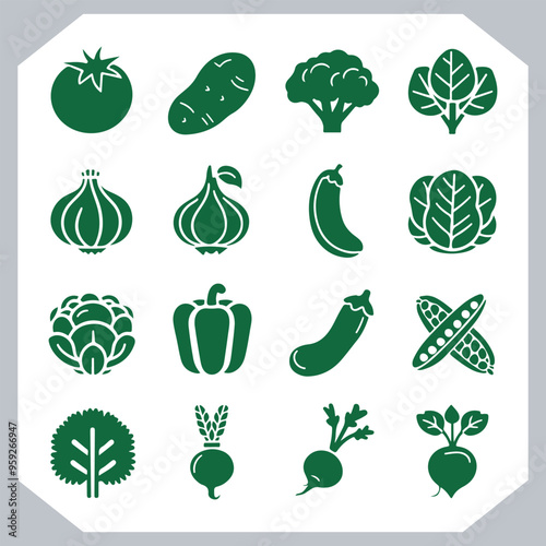 Set of vegetables black silhouette Carrot, potato, tomato, cucumber, onion, garlic, cauliflower, bell pepper, cabbage vector icon in white background.