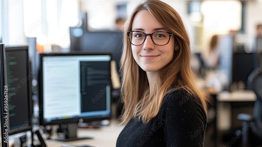 Smiling woman in glasses at a desk. This image depicts a professional woman in a modern office setting. Smiling woman in glasses at a desk. This image depicts a professional woman in a modern office setting.
