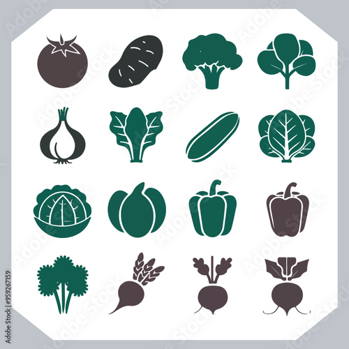 Set of vegetables black silhouette Carrot, potato, tomato, cucumber, onion, garlic, cauliflower, bell pepper, cabbage vector icon in white background.