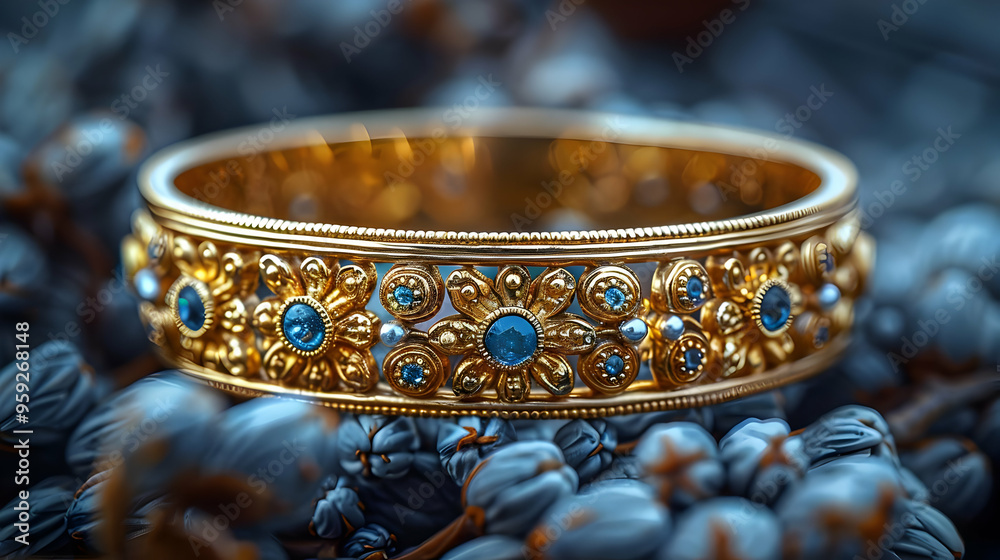 Golden Ring with Blue Gemstones on Blue Background Illustration Golden Ring with Blue Gemstones on Blue Background Illustration