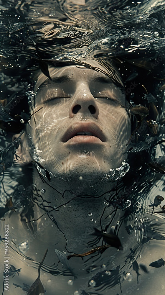 A man with closed eyes submerged underwater with seaweed and bubbles around him. A man with closed eyes submerged underwater with seaweed and bubbles around him.