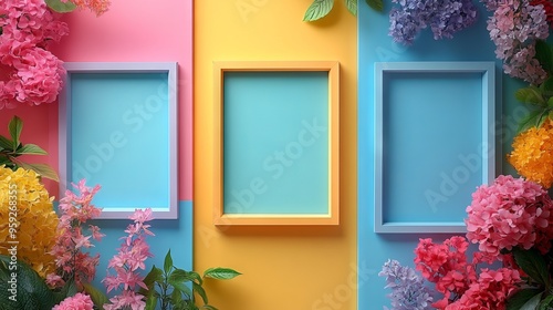 Blank pastel colored picture frames with a wall background.