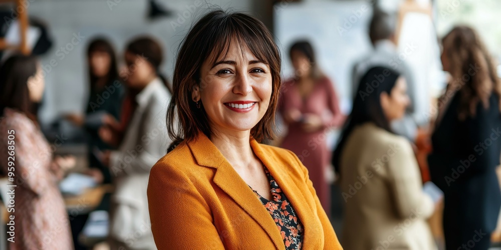 Smiling Woman in an Orange Blazer at a Business Networking Event Smiling Woman in an Orange Blazer at a Business Networking Event