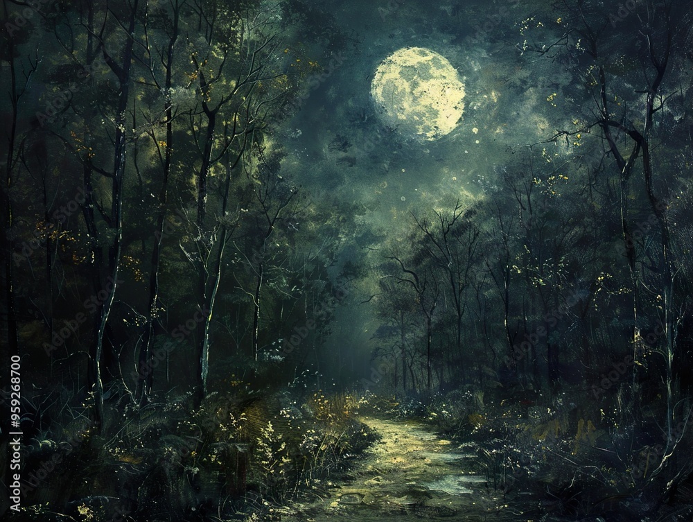 A moonlit path leads through a dark and mysterious forest, casting long shadows on the ground. A moonlit path leads through a dark and mysterious forest, casting long shadows on the ground.